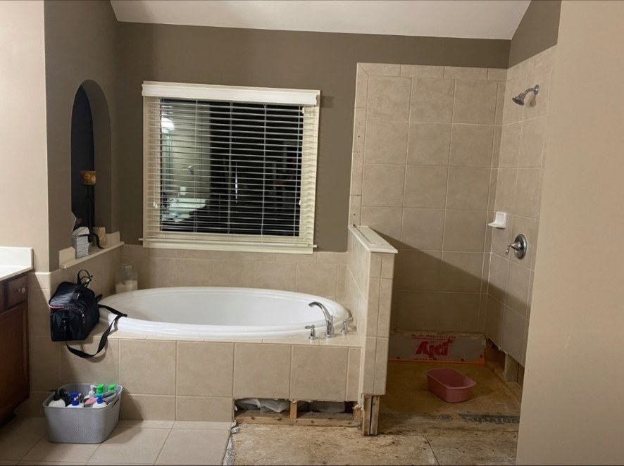 Master Bath Remodel — North Georgia — before the remodel, dated built-in tub deck